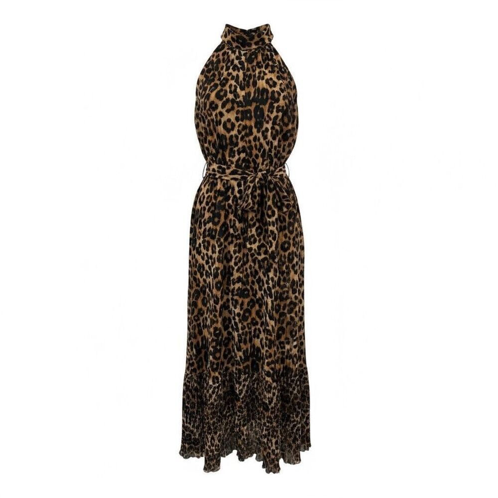 NWT Sam Edelman Brown Black Leopard Print High Neck Sleeveless Maxi Dress Sz 14